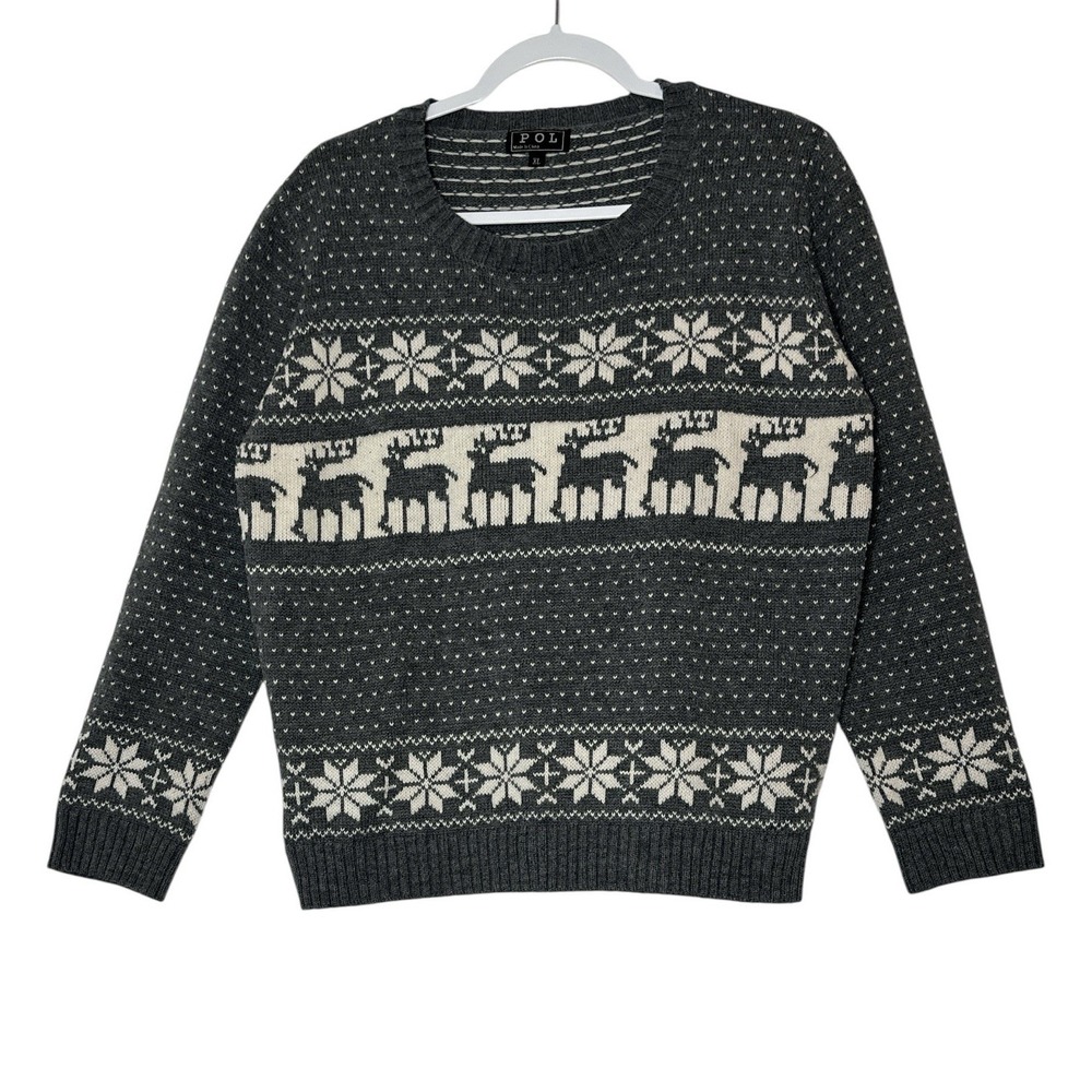 POL Sweater Top Women's XL Gray Reindeer Long Sleeve Pullover Christmas Cozy